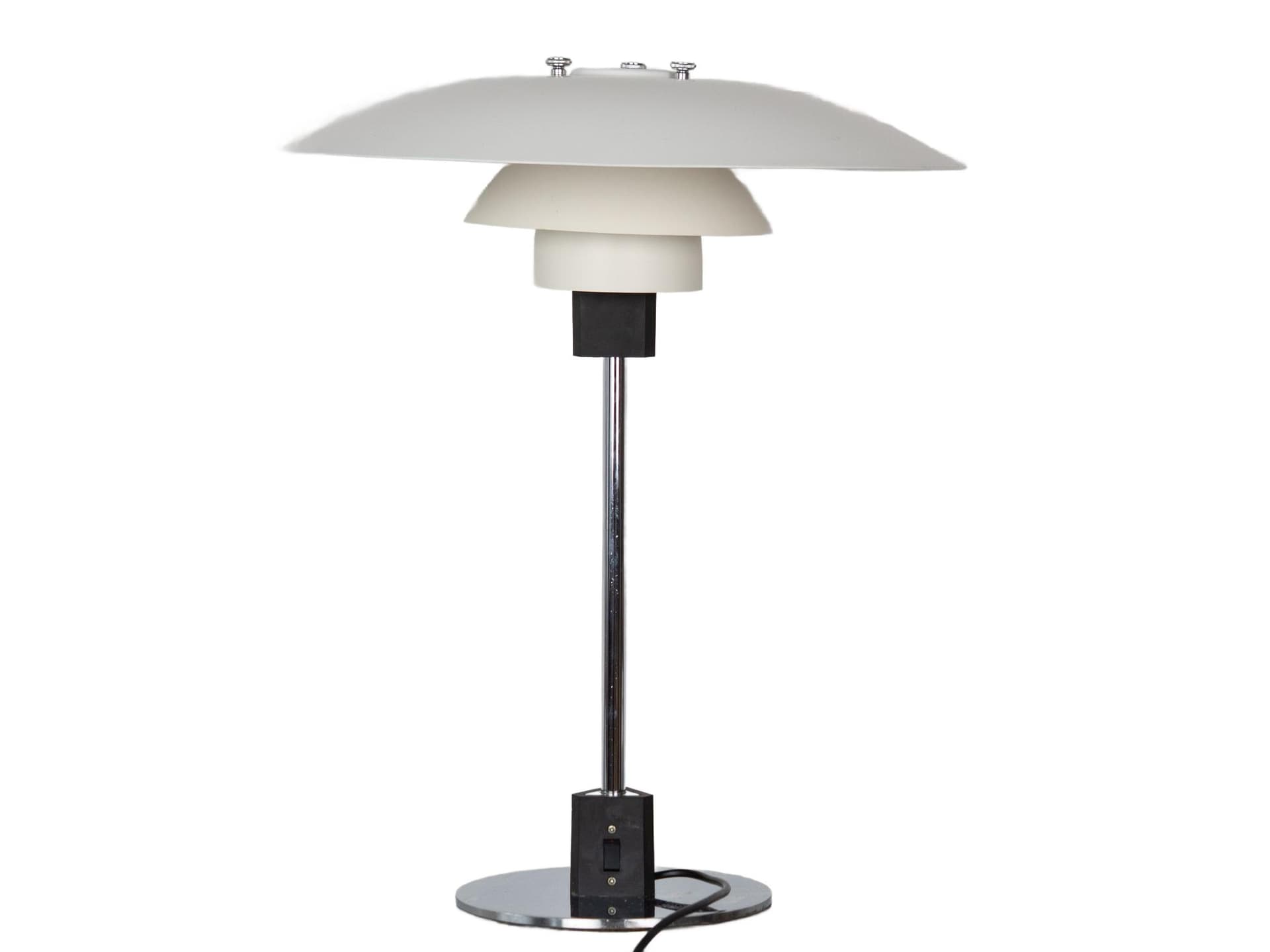 Table lamp PH 4/3, white metal, silver chrome, by P. Henningsen, Louis Poulsen, Denmark, 1970s.