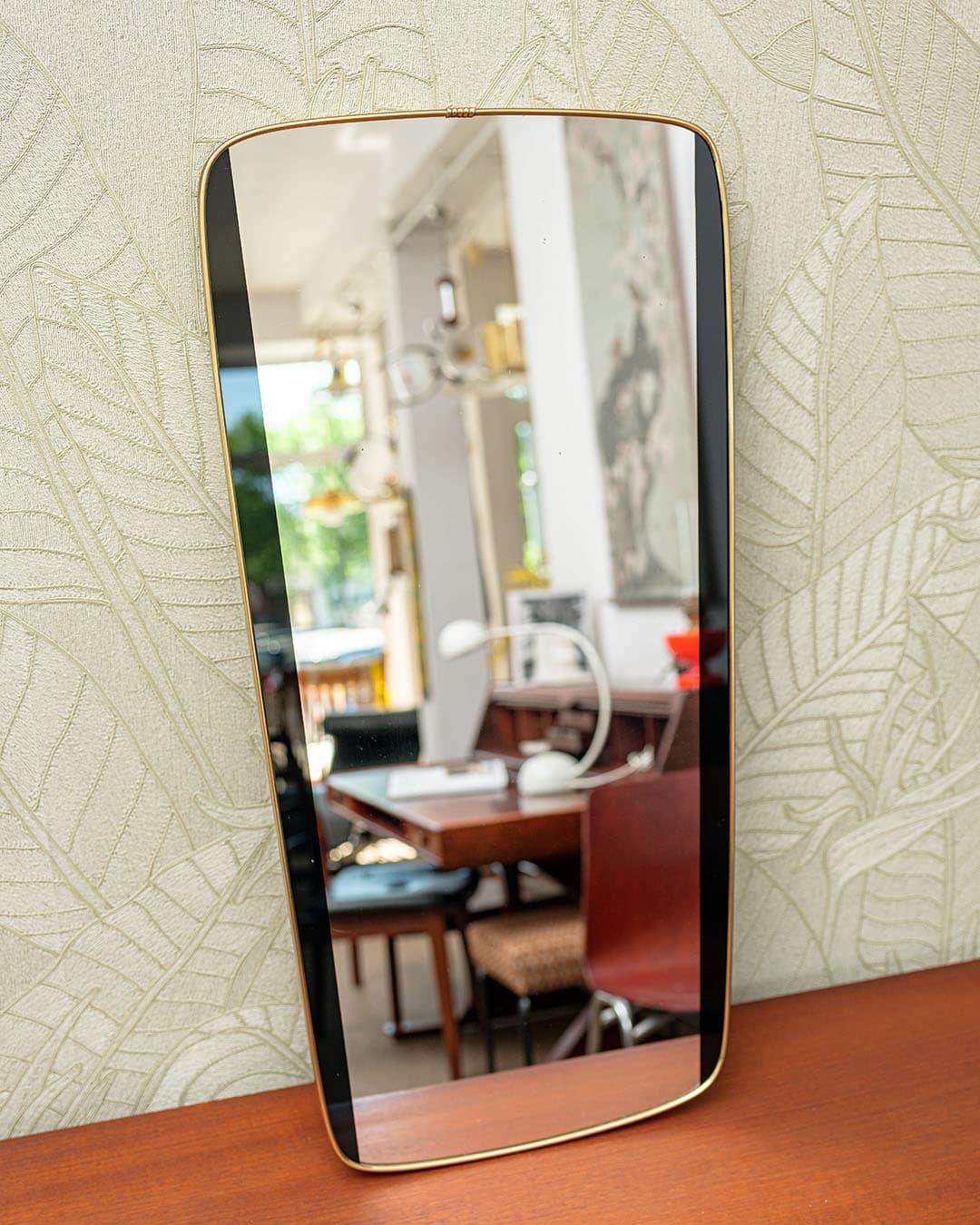Wall mirror, transparent glass, gold brass, black, Germany, 1950s. - 320419