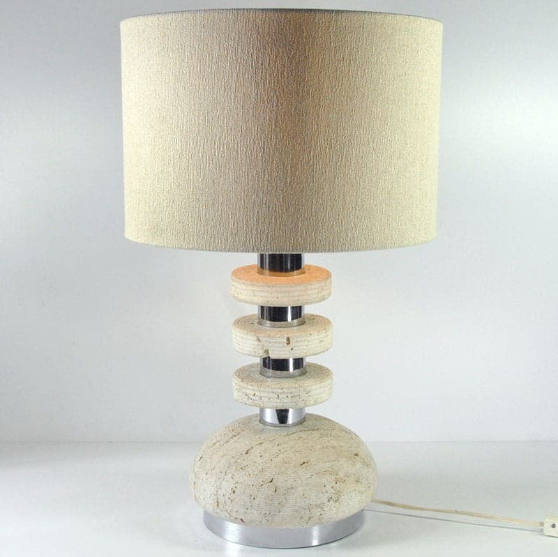 Lampa stołowa, trawertyn beżowy, metal szary, Włochy, lata 70. - 321784