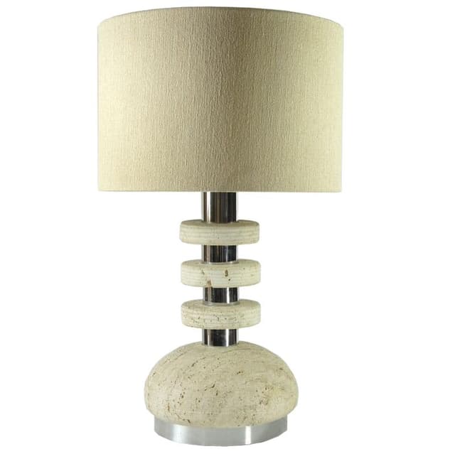 Lampa stołowa, trawertyn beżowy, metal szary, Włochy, lata 70. - WYMIARY
