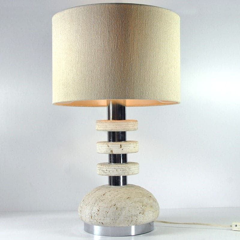 Lampa stołowa, trawertyn beżowy, metal szary, Włochy, lata 70. - 321783