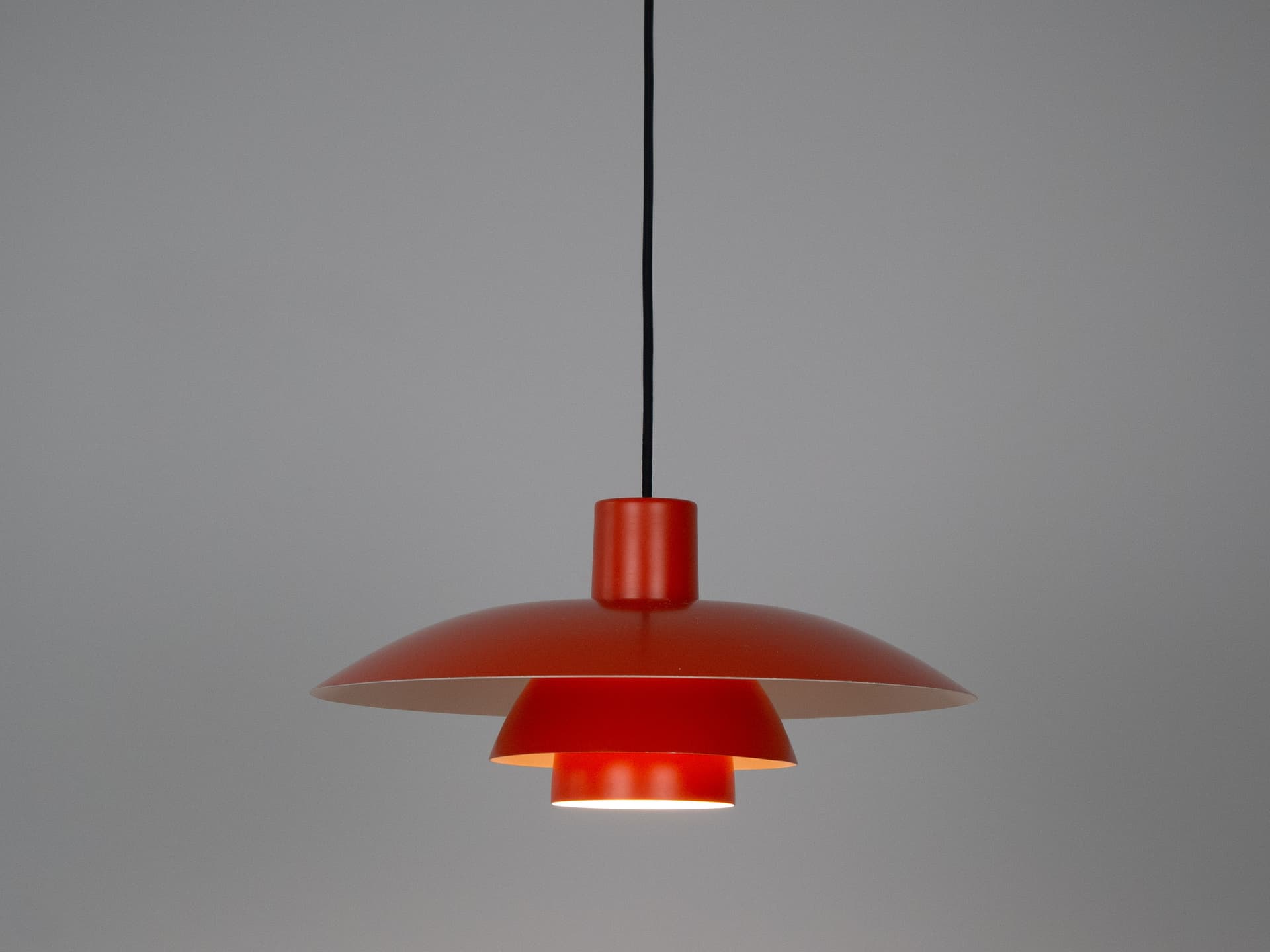 Pendant lamp PH 4/3, red orange, aluminum, by P. Henningsen, Louis Poulsen, Denmark, 1970s. - 321126