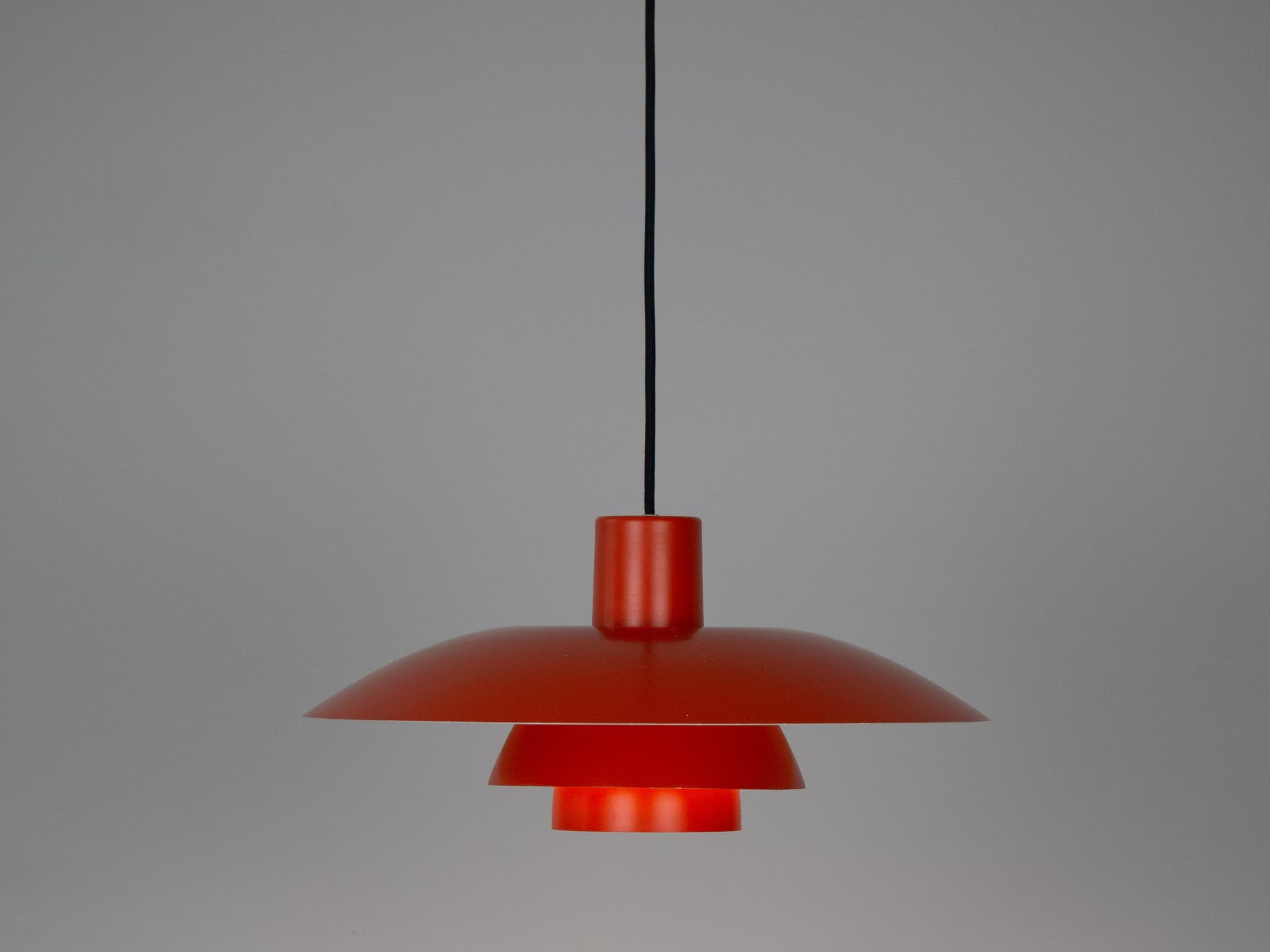 Pendant lamp PH 4/3, red orange, aluminum, by P. Henningsen, Louis Poulsen, Denmark, 1970s. - 321125
