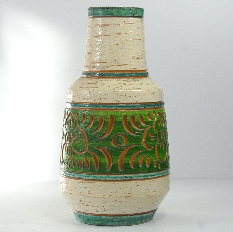Wazon sgraffito, beżowy zielony, ceramika, lata 70. - 321728