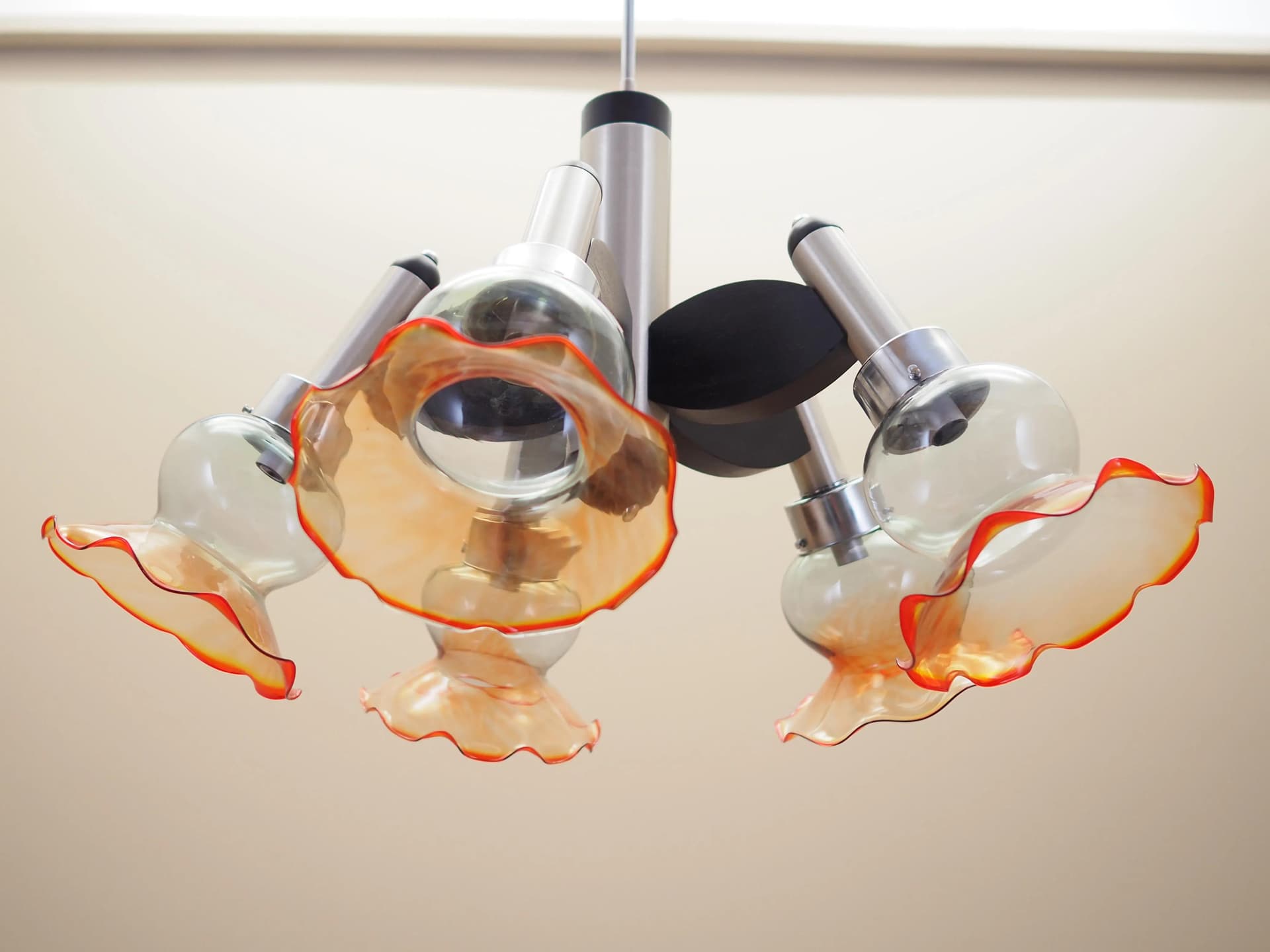 Chandelier, mid-century modern, silver metal, glass, wood, Italy, 1970s. - 23982