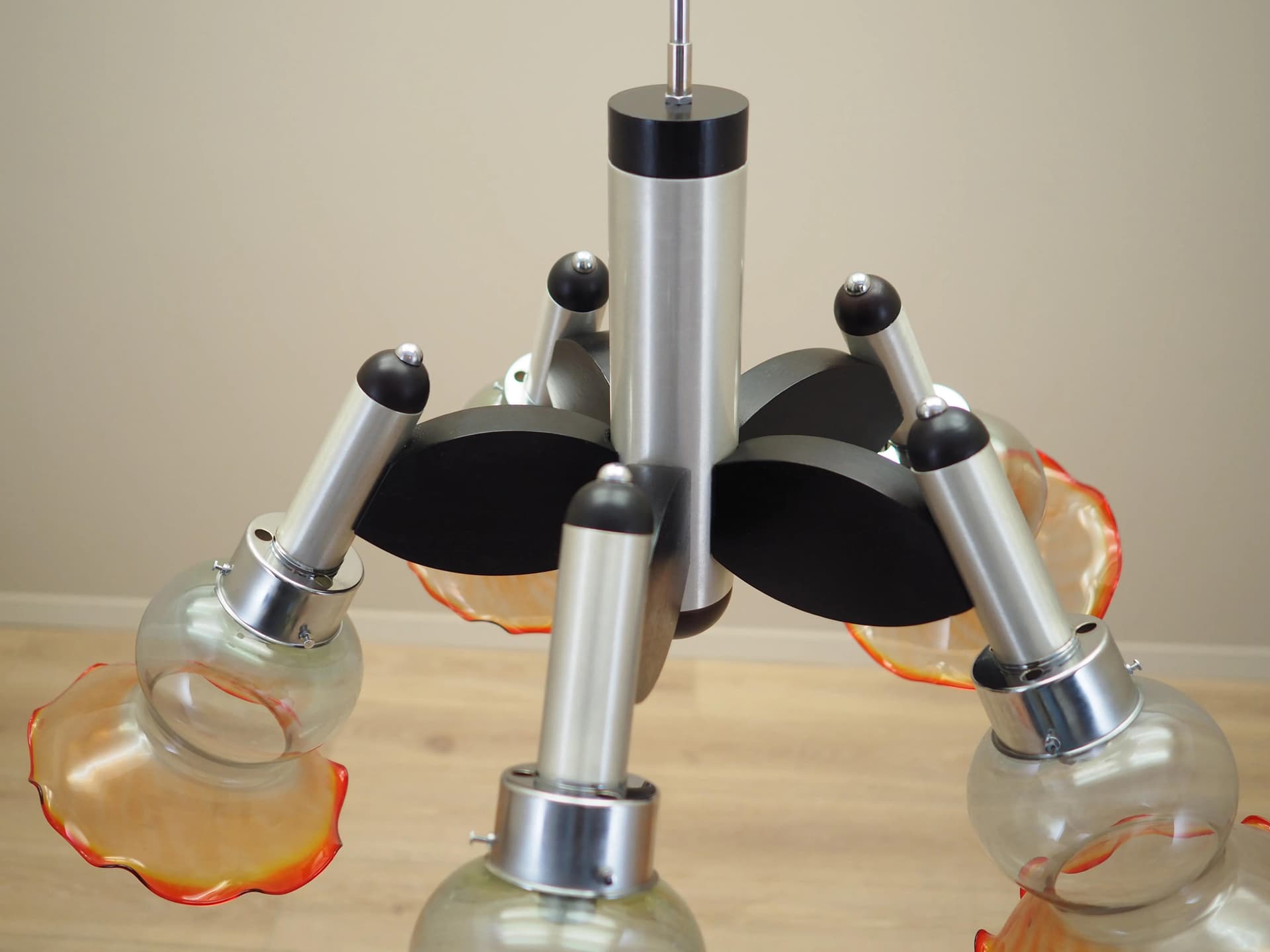 Chandelier, mid-century modern, silver metal, glass, wood, Italy, 1970s. - 23989