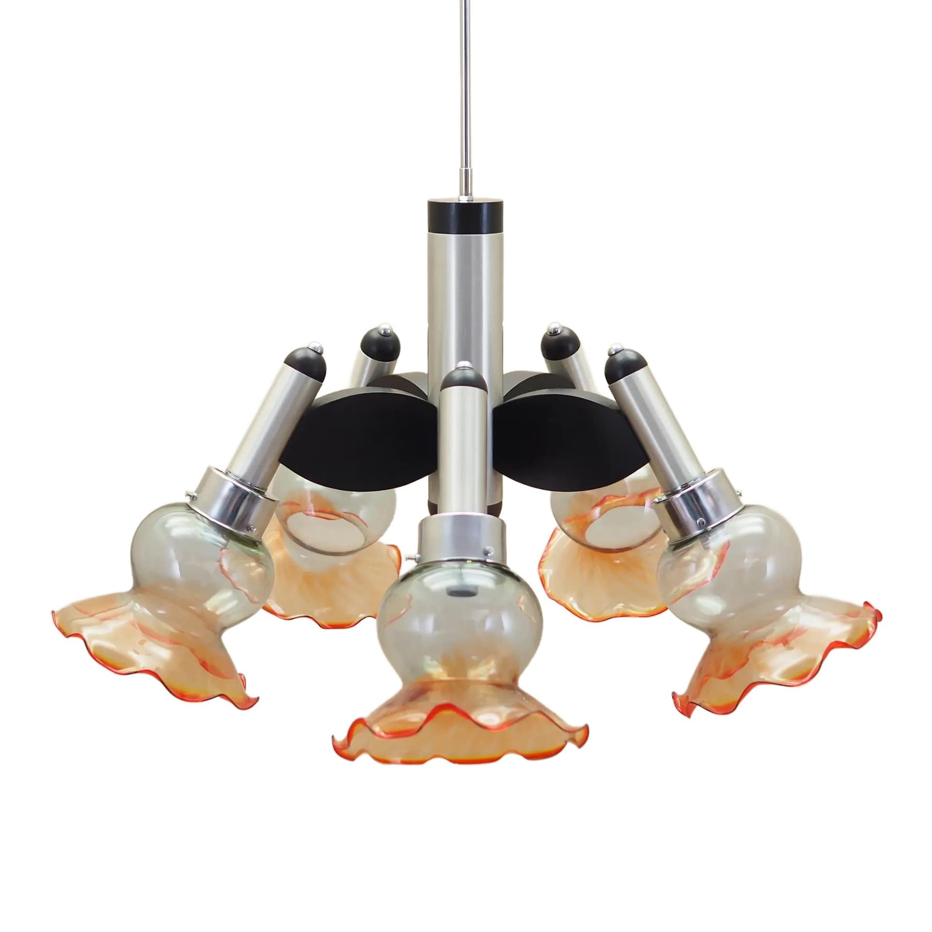 Chandelier, mid-century modern, silver metal, glass, wood, Italy, 1970s.