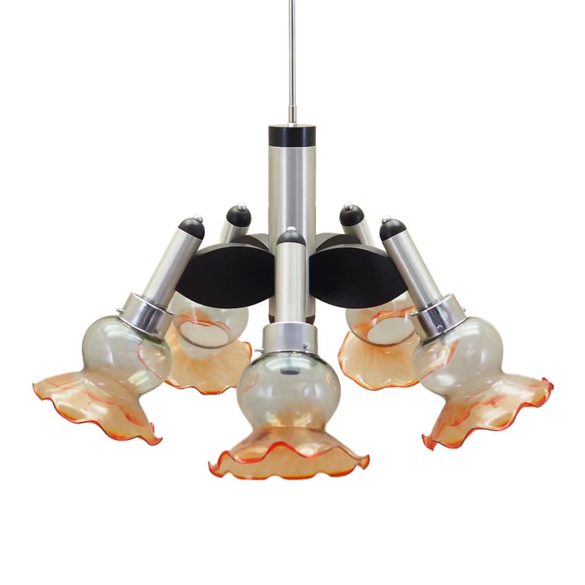 Chandelier, mid-century modern, silver metal, glass, wood, Italy, 1970s.