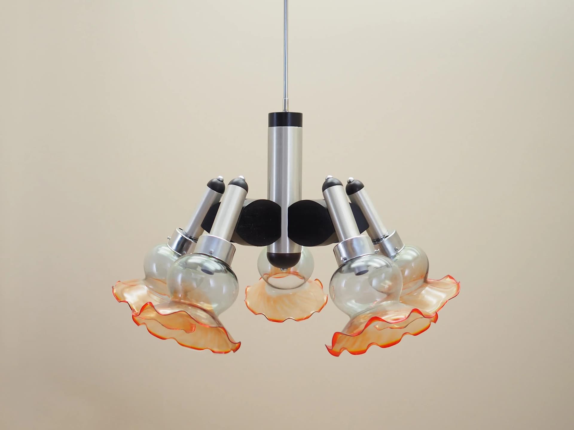 Chandelier, mid-century modern, silver metal, glass, wood, Italy, 1970s. - 23981
