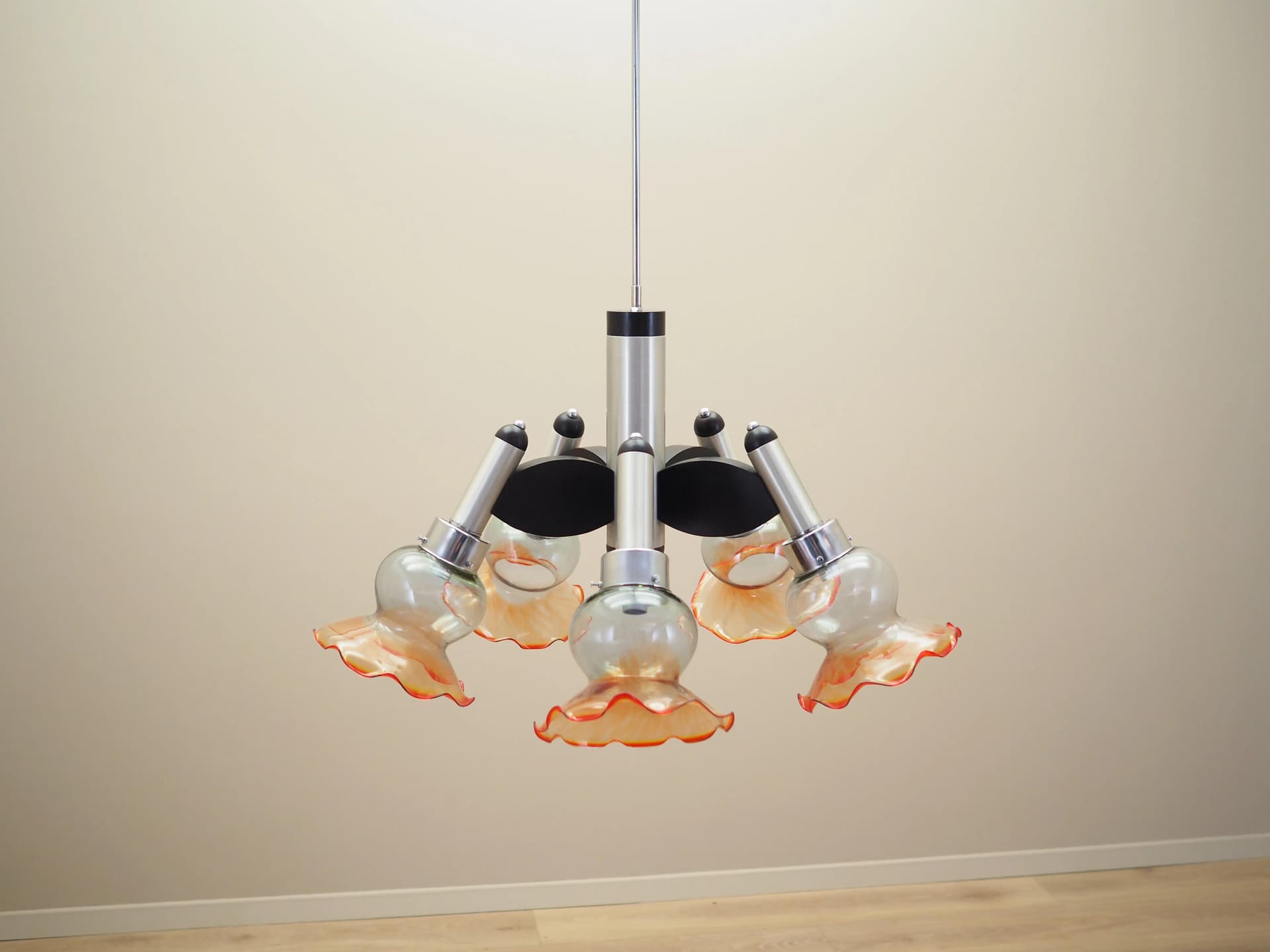 Chandelier, mid-century modern, silver metal, glass, wood, Italy, 1970s. - 23984