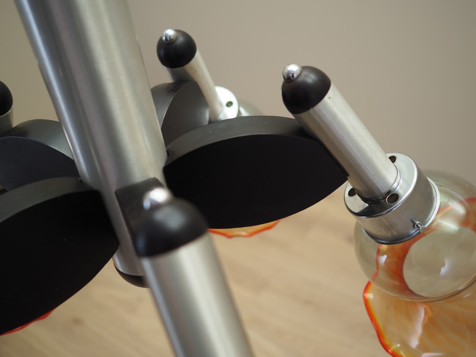 Chandelier, mid-century modern, silver metal, glass, wood, Italy, 1970s. - 66394