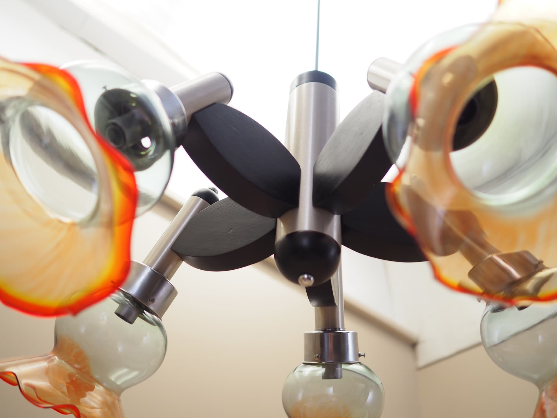 Chandelier, mid-century modern, silver metal, glass, wood, Italy, 1970s. - 66395