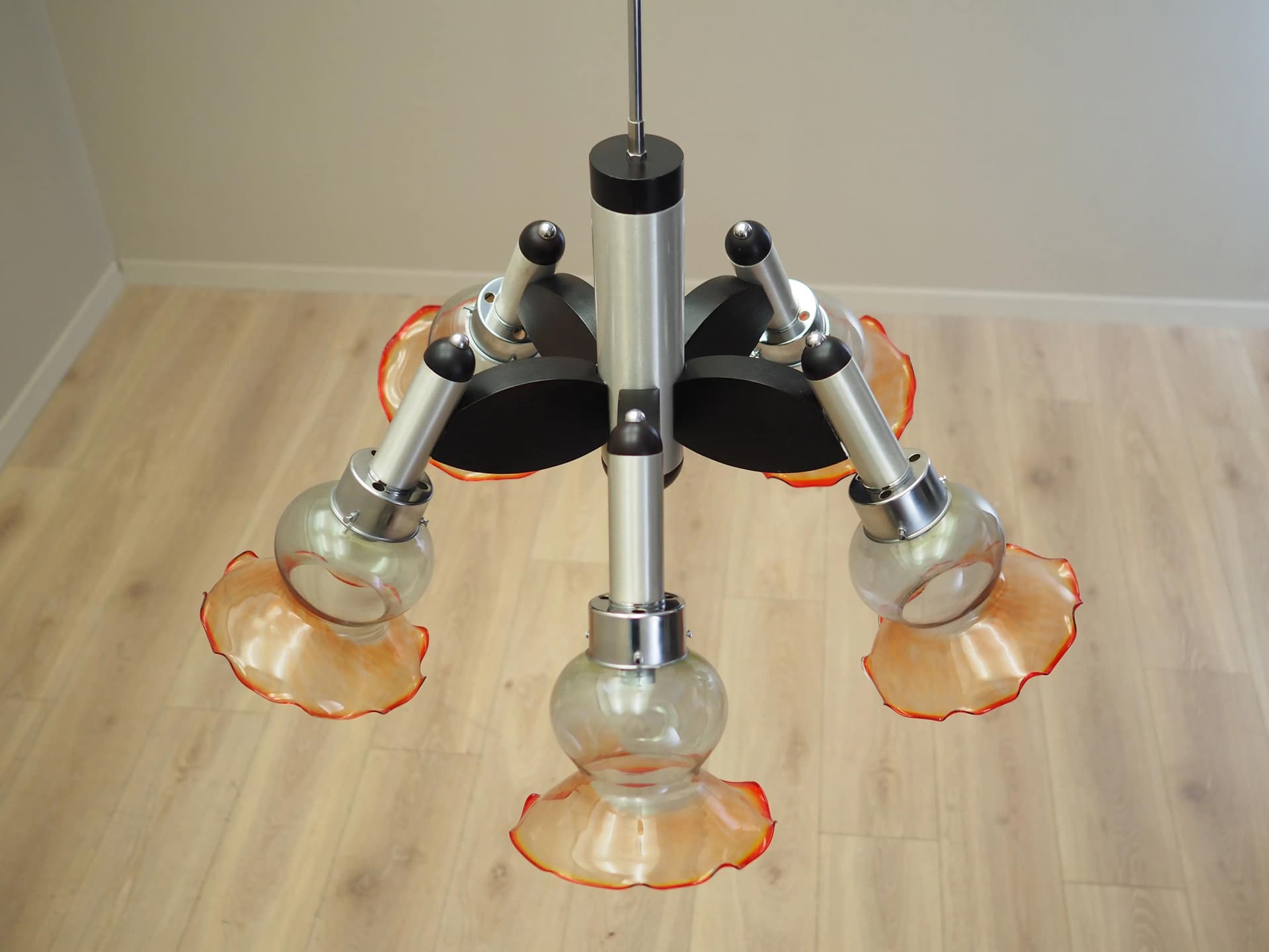 Chandelier, mid-century modern, silver metal, glass, wood, Italy, 1970s. - 23988