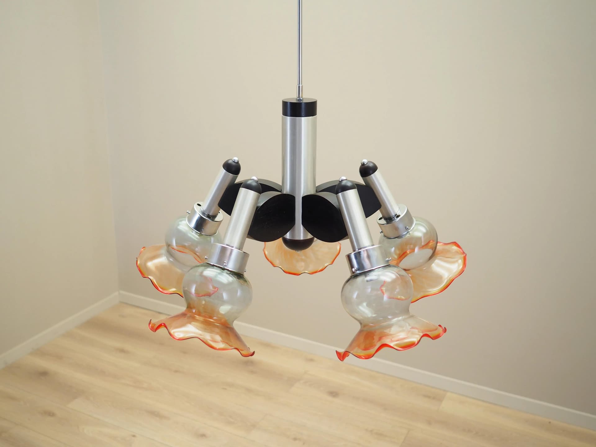 Chandelier, mid-century modern, silver metal, glass, wood, Italy, 1970s. - 23985