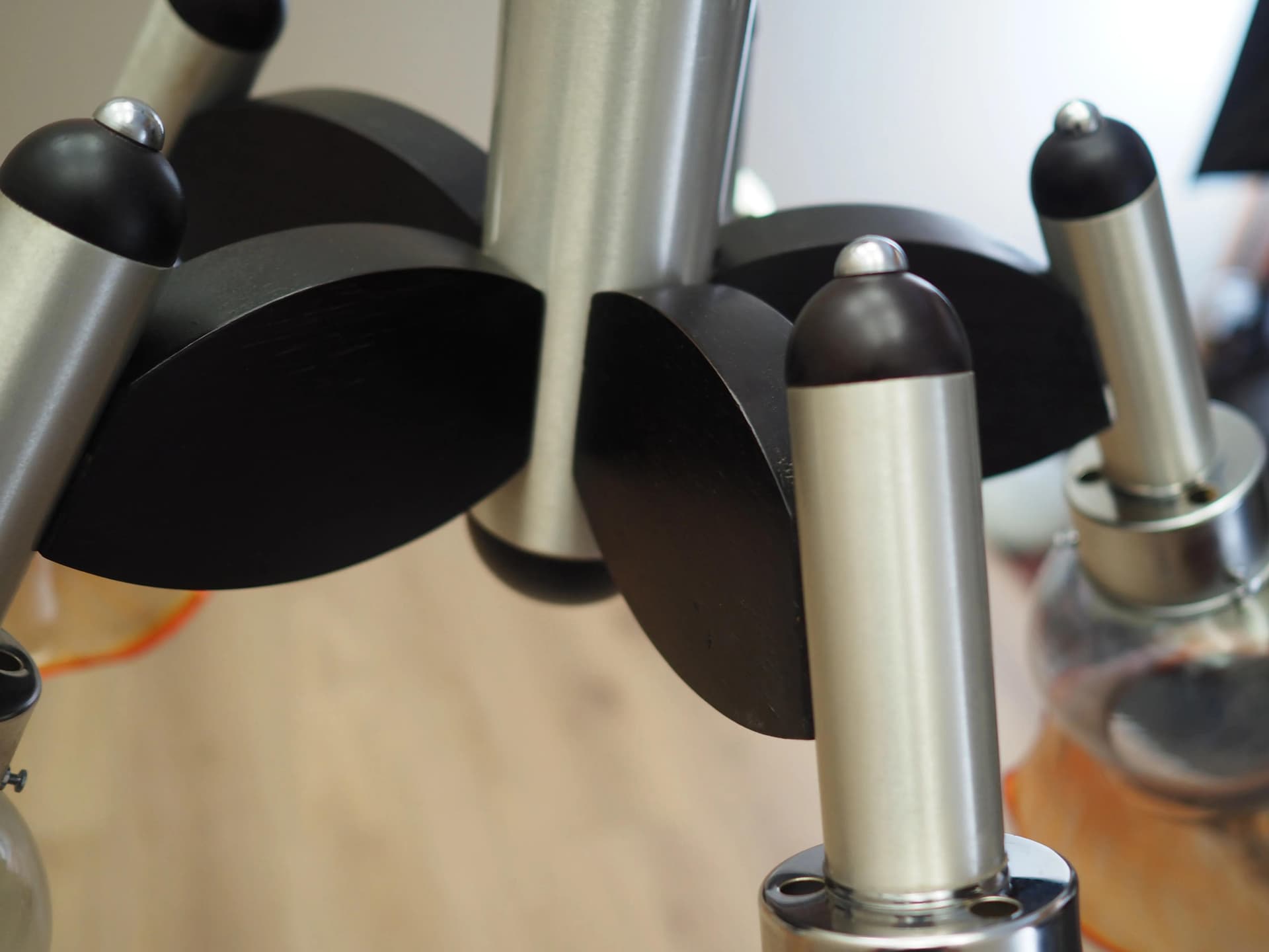 Chandelier, mid-century modern, silver metal, glass, wood, Italy, 1970s. - 23983