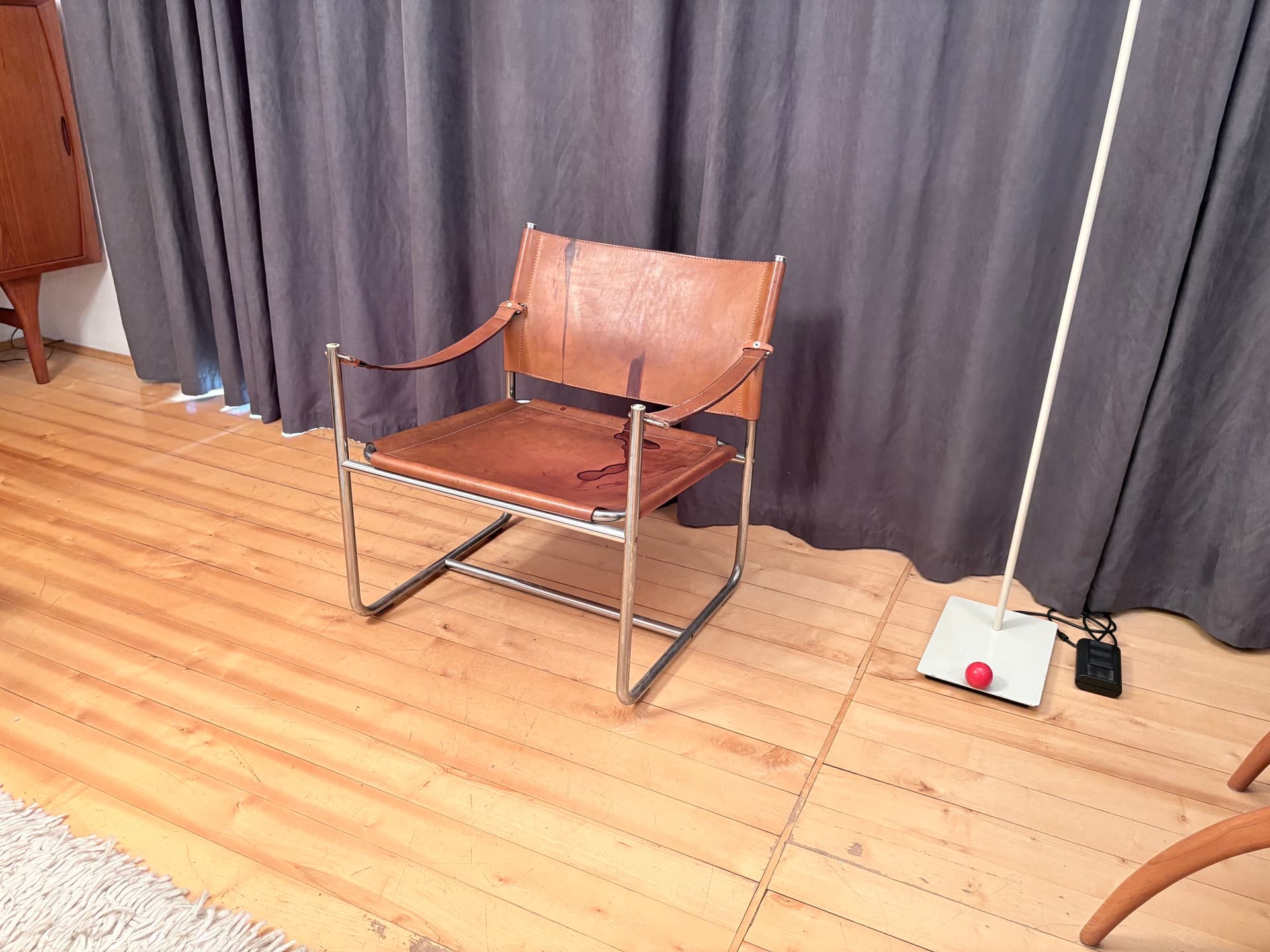 Fotel Admiral, skóra koniakowa, stal chrom, proj. K. Mobring, Ikea, Szwecja, lata 70. - 321348