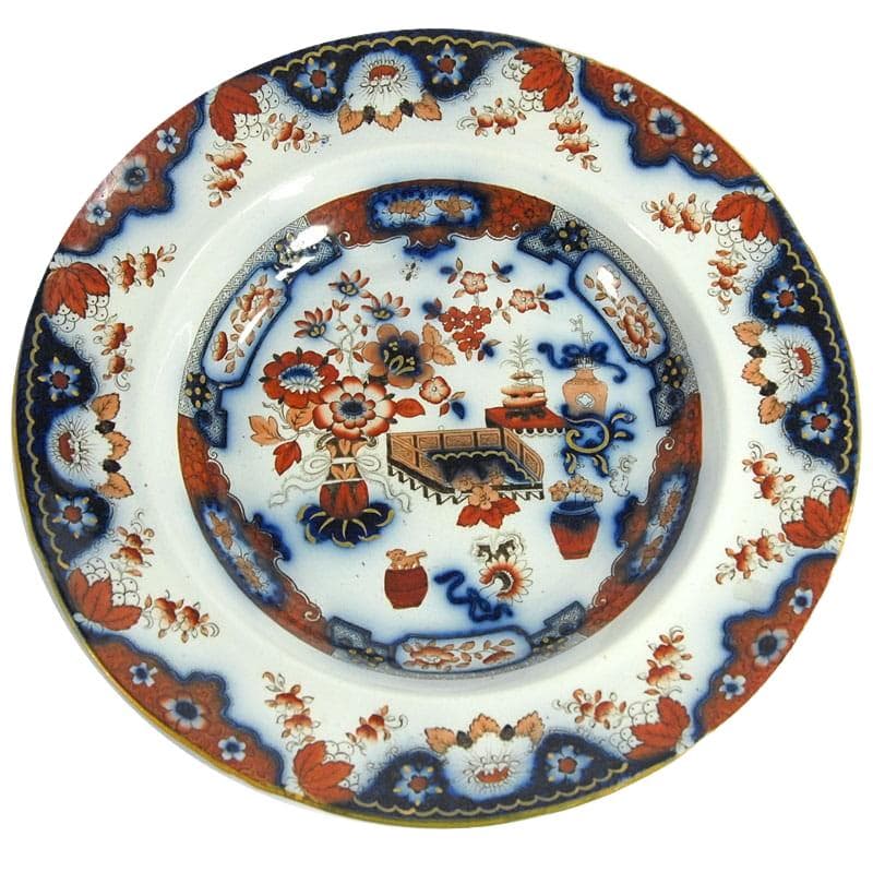 Talerz dekoracyjny, flow blue, fajans biały niebieski pomarańczowy, Wielka Brytania, XIX w.