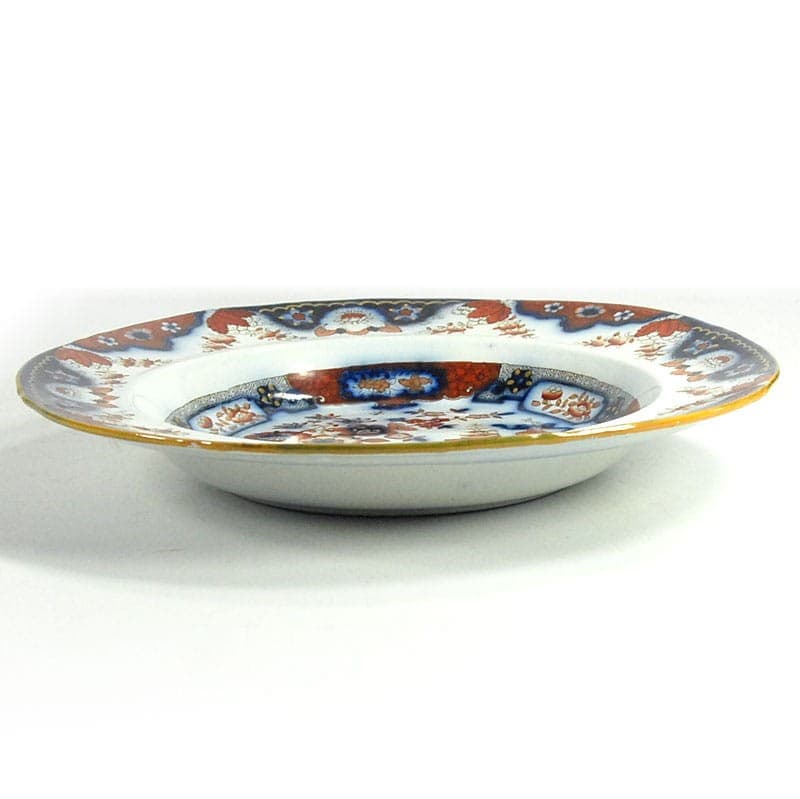 Talerz dekoracyjny, flow blue, fajans biały niebieski pomarańczowy, Wielka Brytania, XIX w. - 321612
