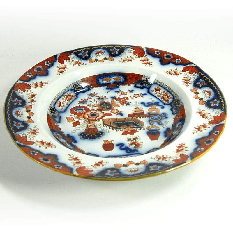Talerz dekoracyjny, flow blue, fajans biały niebieski pomarańczowy, Wielka Brytania, XIX w. - 321611