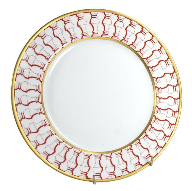 Talerz dekoracyjny art déco, porcelana biała, ornament czerwony, złocenia, lata 30. - WYMIARY