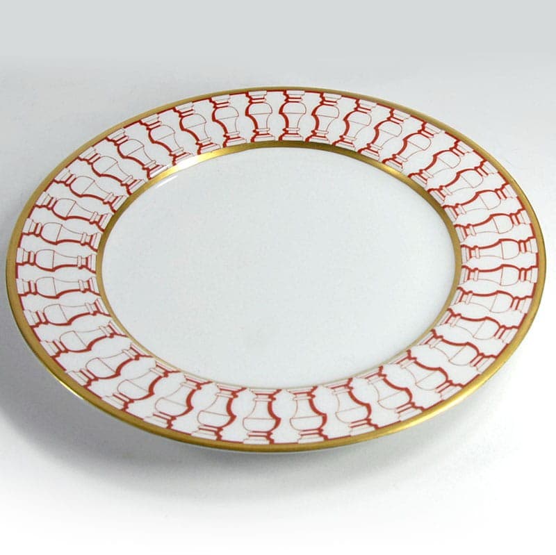 Talerz dekoracyjny art déco, porcelana biała, ornament czerwony, złocenia, lata 30. - 321587