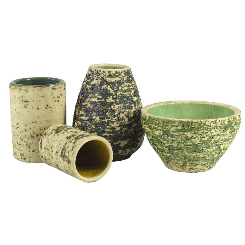 Set of Four Modernist Containers, beige green black stoneware, Denmark, 1970s.