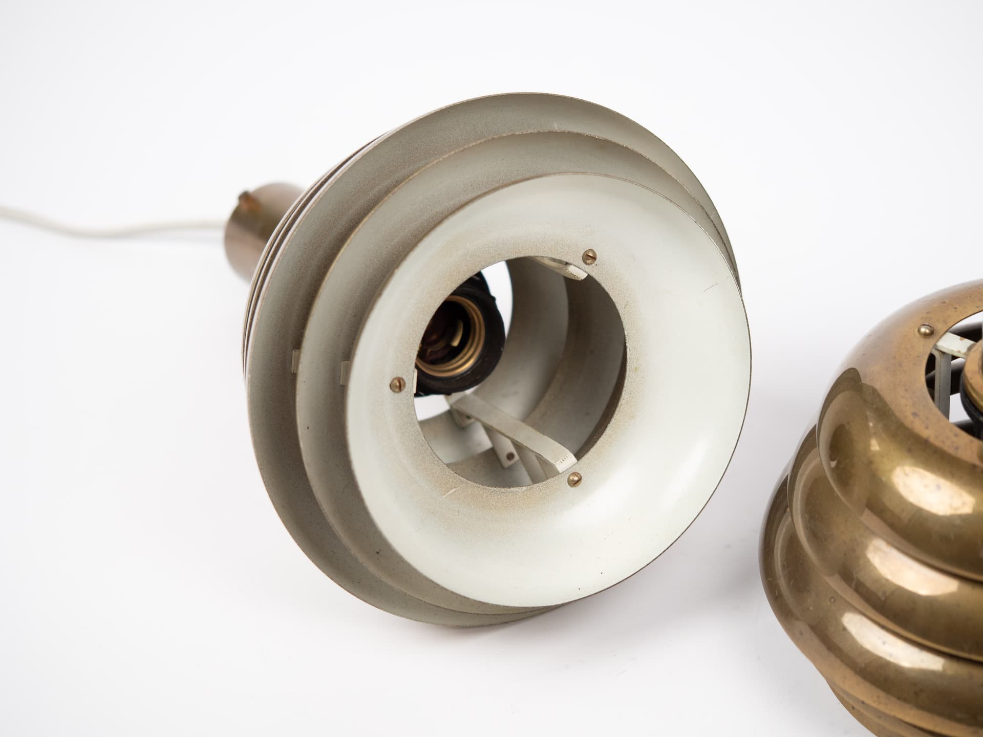 Pair of pendant lamps, gold brass aluminium, by K. Wiborg, Jeka, Sweden, 1980s. - 322008