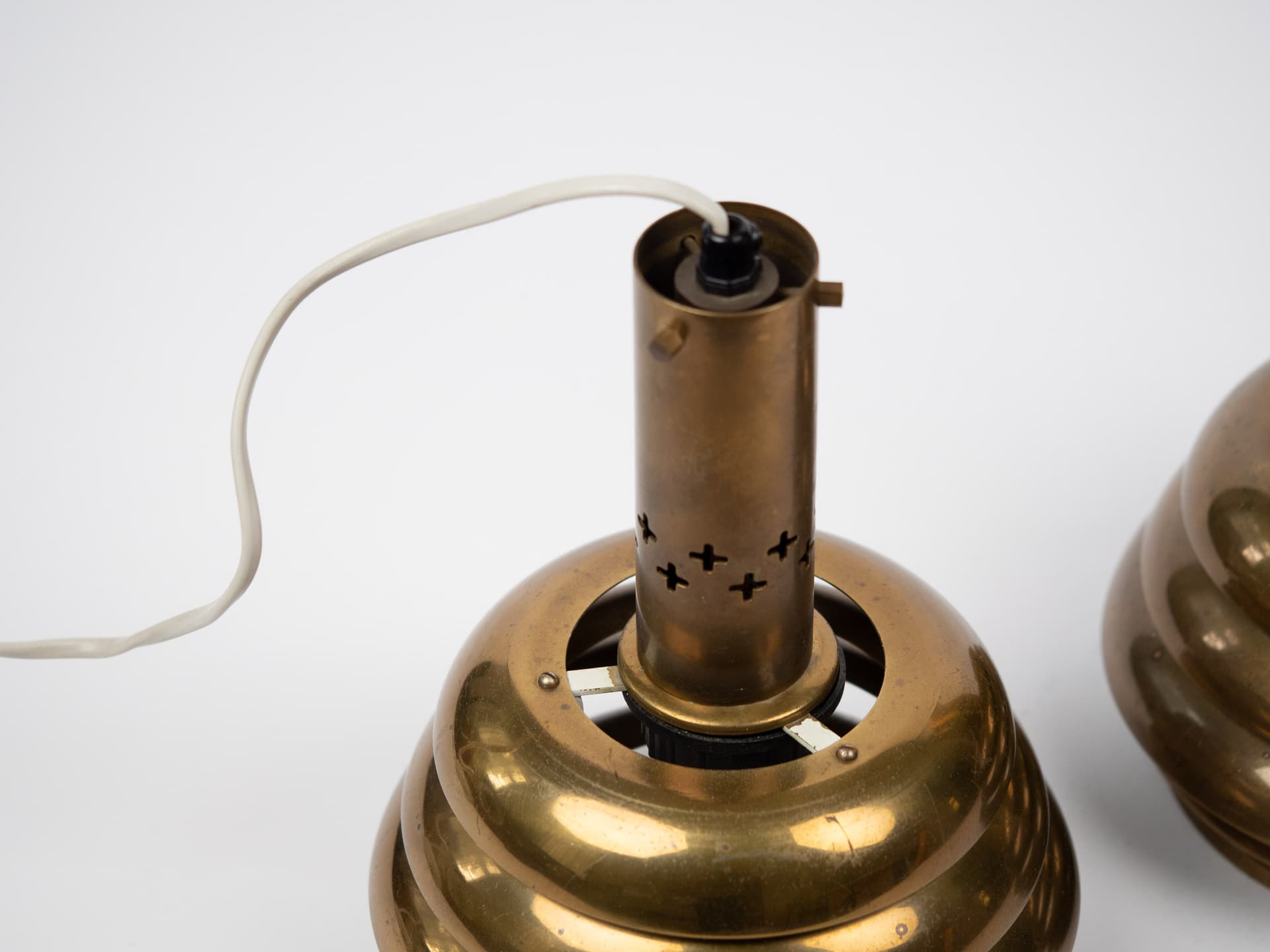 Pair of pendant lamps, gold brass aluminium, by K. Wiborg, Jeka, Sweden, 1980s. - 322012