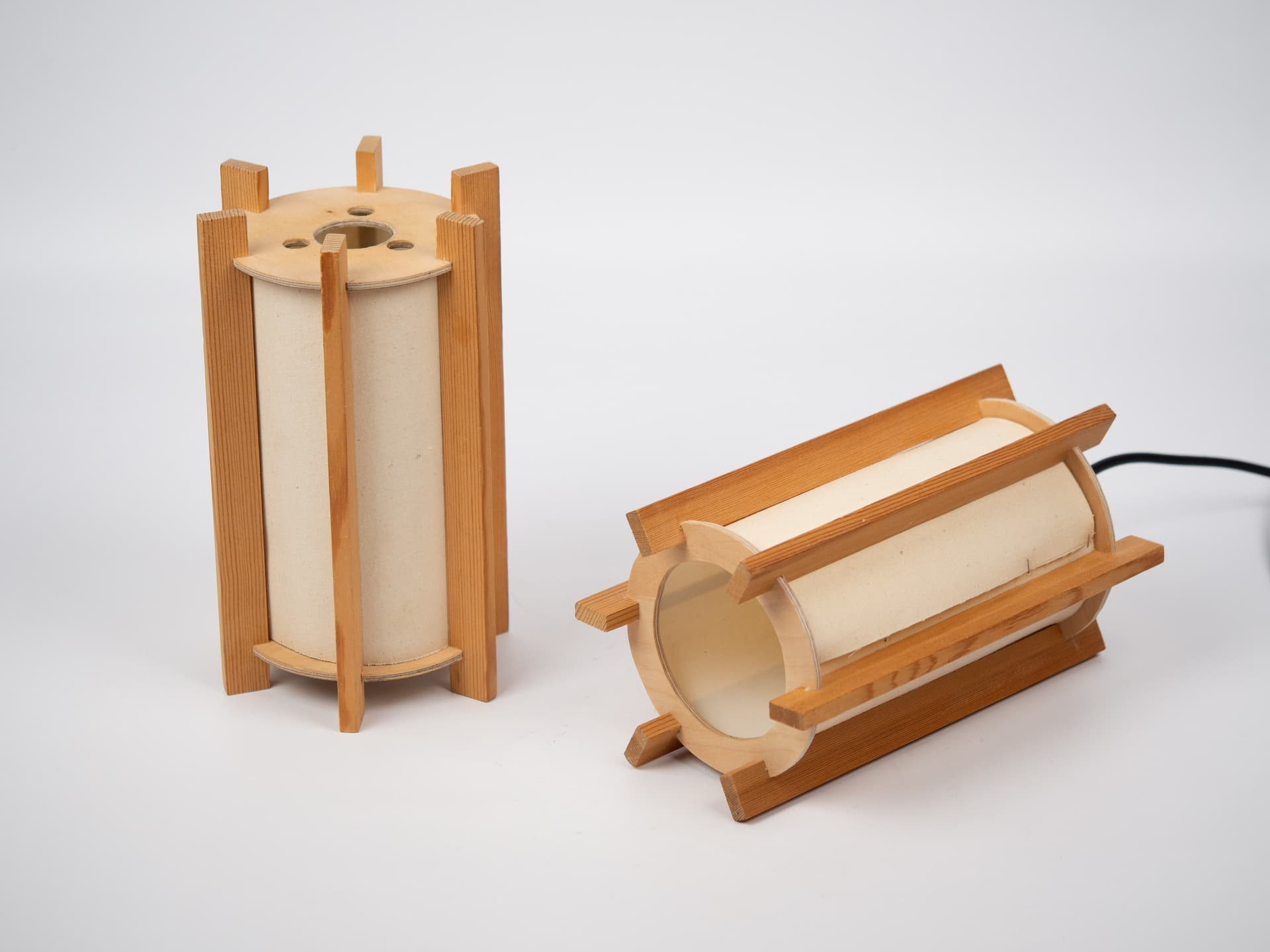 Pair of pendant lamps, beige cotton shade, brown wood, Denmark, 1980s. - 322036
