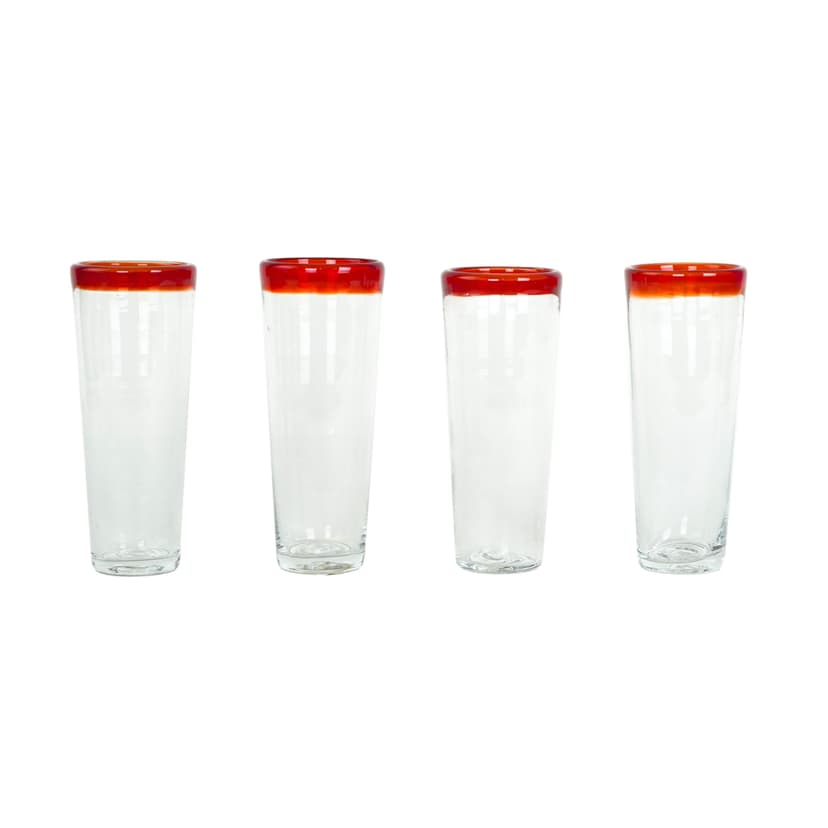 Set of four glasses, clear glass red-orange rim, Italy, 1970s.