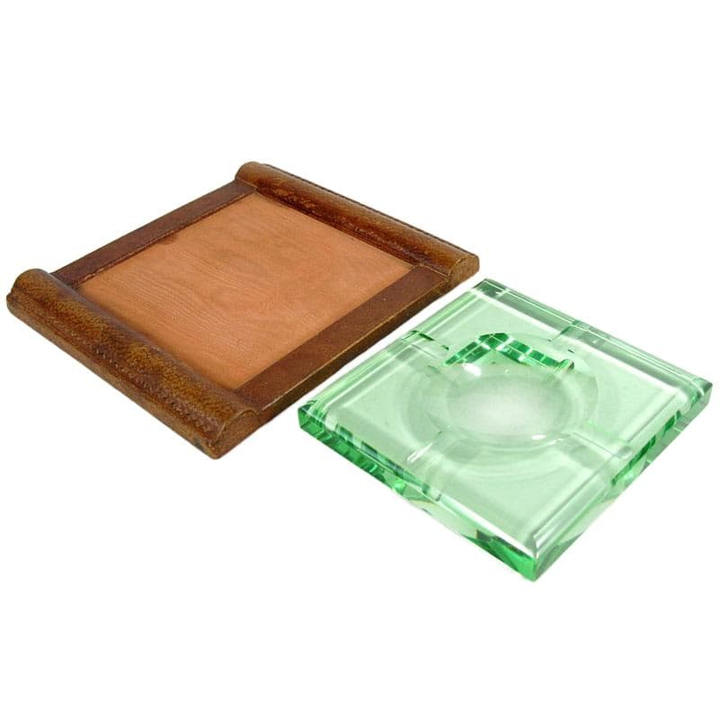 Ashtray Art Deco, green crystal, brown leather, by J. Luce, France, 1930s. - 323966