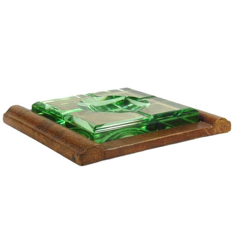 Ashtray Art Deco, green crystal, brown leather, by J. Luce, France, 1930s. - 323967