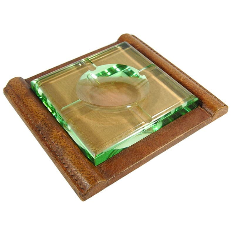 Ashtray Art Deco, green crystal, brown leather, by J. Luce, France, 1930s. - 322913