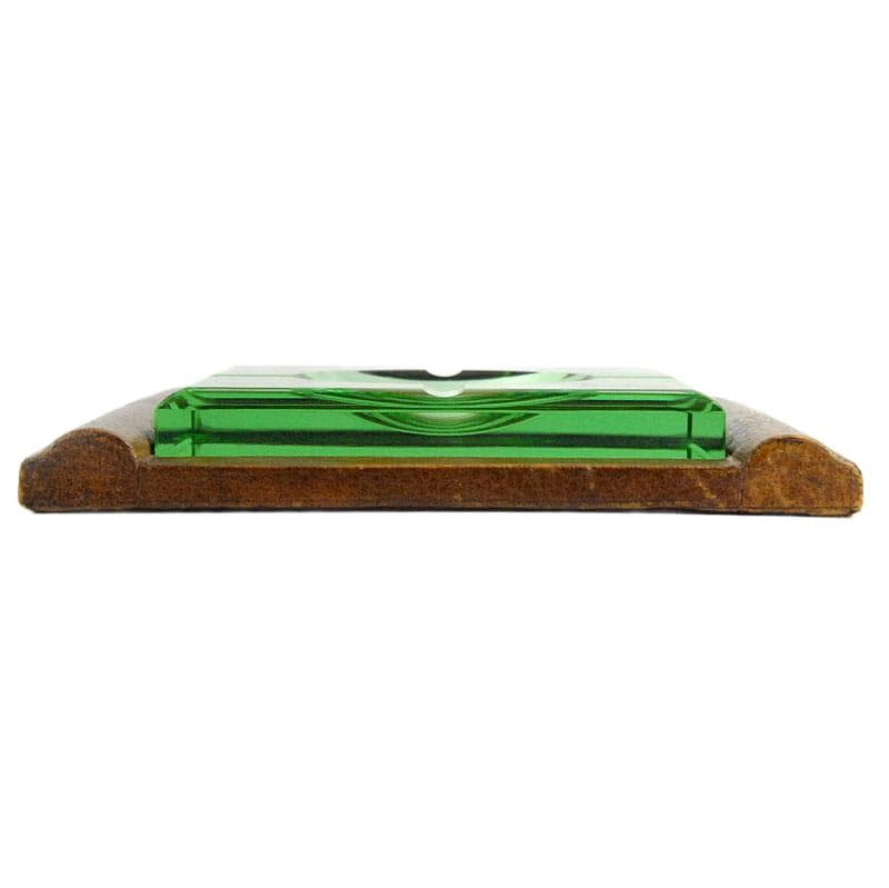 Ashtray Art Deco, green crystal, brown leather, by J. Luce, France, 1930s. - 323965