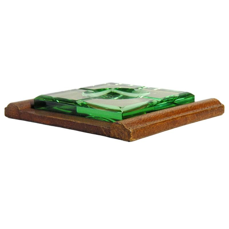 Ashtray Art Deco, green crystal, brown leather, by J. Luce, France, 1930s. - 323971
