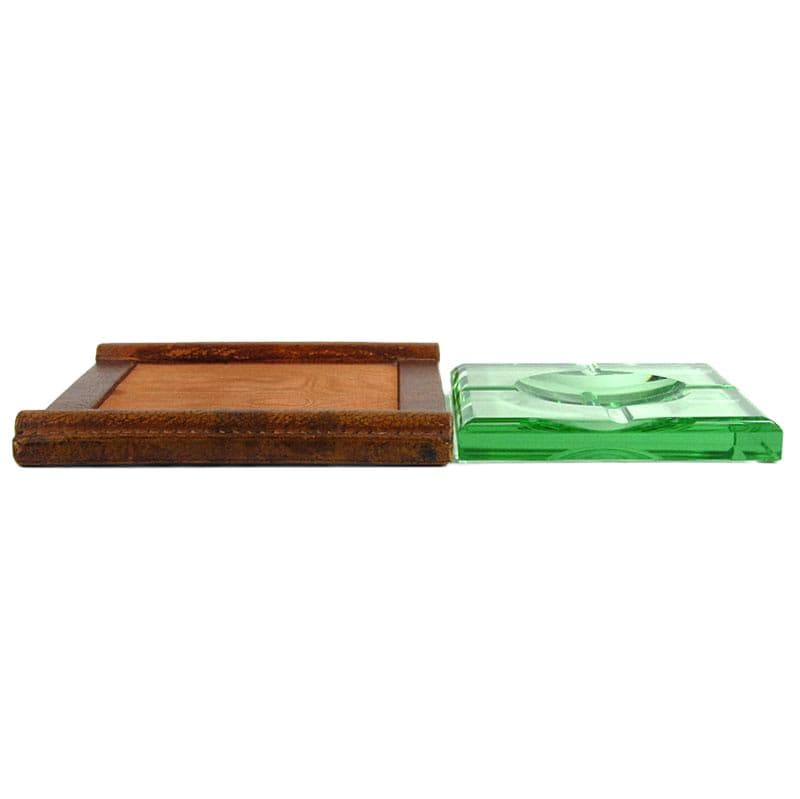 Ashtray Art Deco, green crystal, brown leather, by J. Luce, France, 1930s. - 323970