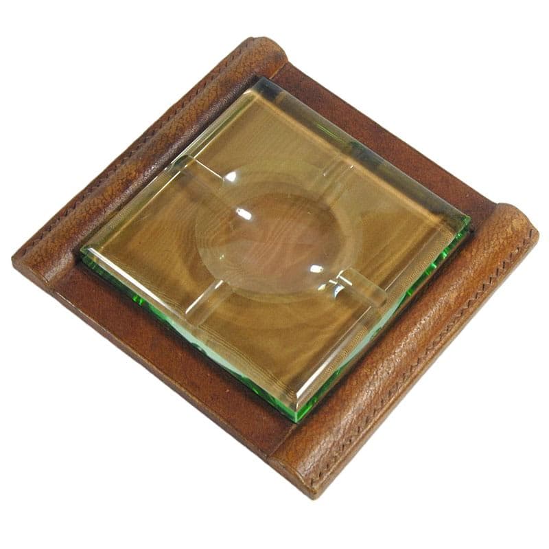 Ashtray Art Deco, green crystal, brown leather, by J. Luce, France, 1930s. - 323972
