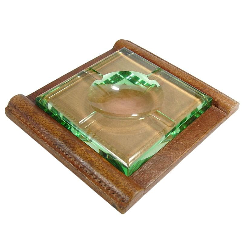 Ashtray Art Deco, green crystal, brown leather, by J. Luce, France, 1930s. - 323969