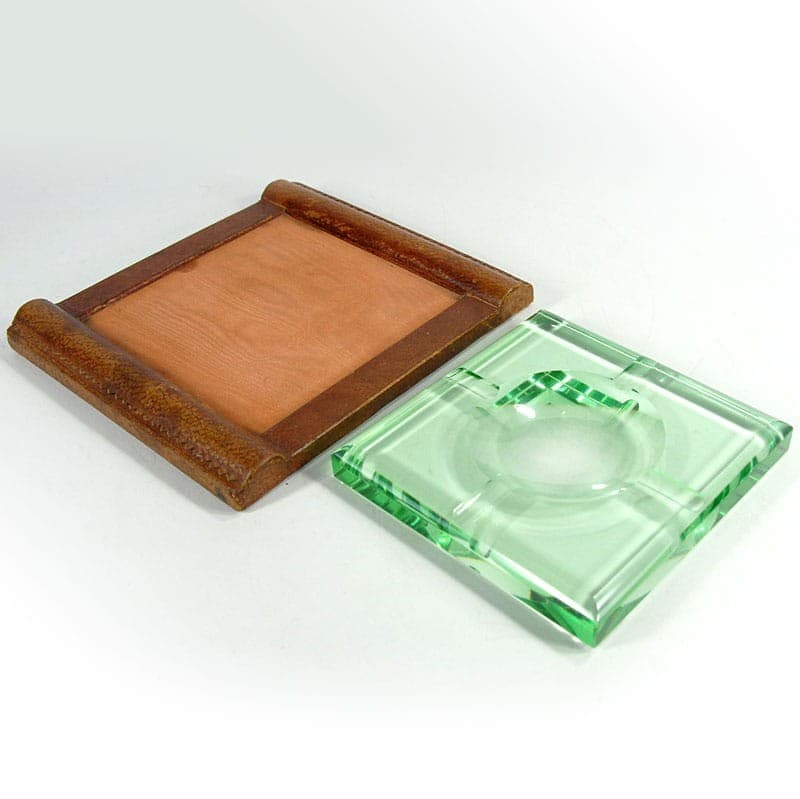 Ashtray Art Deco, green crystal, brown leather, by J. Luce, France, 1930s. - 322912