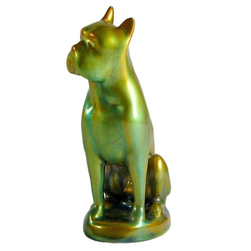 Boxer dog figurine, multicolor gold green, porcelain, Zsolnay, Hungary, 1980s. - 322995