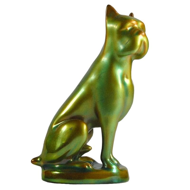 Boxer dog figurine, multicolor gold green, porcelain, Zsolnay, Hungary, 1980s.