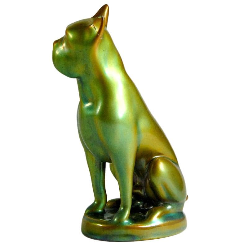 Boxer dog figurine, multicolor gold green, porcelain, Zsolnay, Hungary, 1980s. - 322994