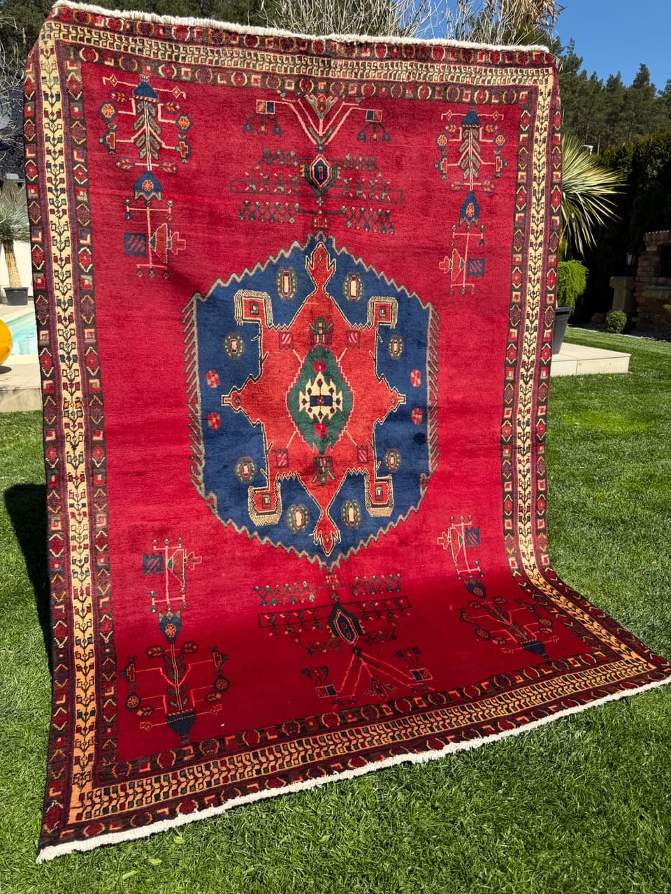 Rug Hamadan 240x170 cm, red blue green beige gold black brown, wool, Iran - 322971