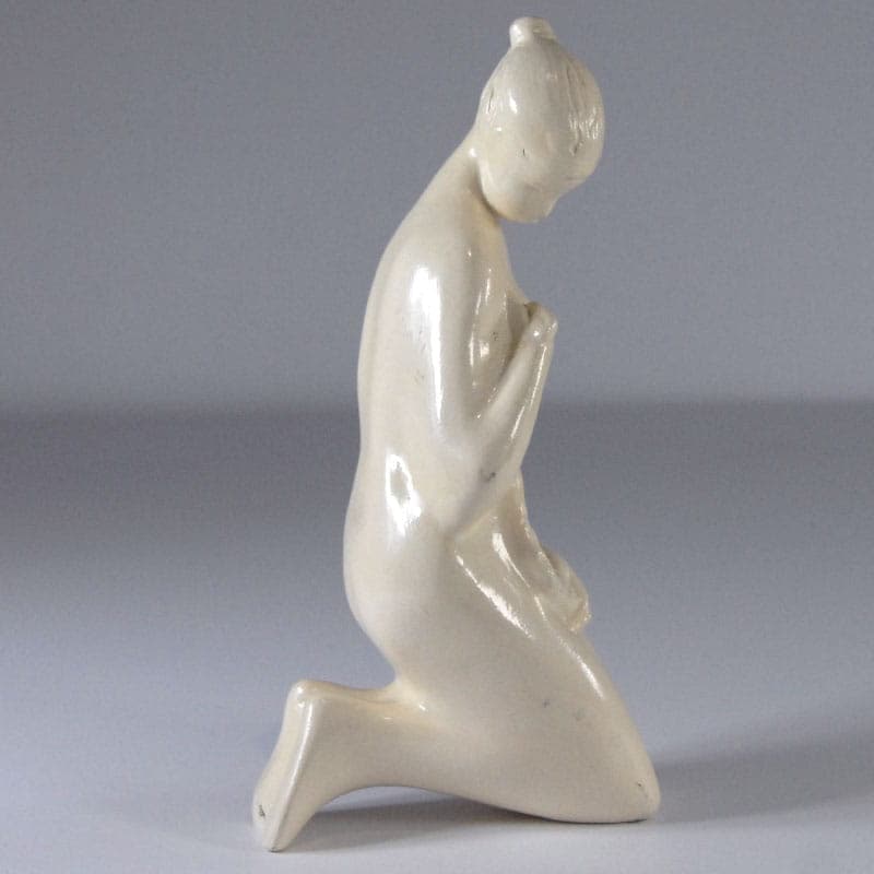 Figurine Seated Girl, white beige ceramic, by L. Vojířová, Czechoslovakia, 1970s. - 323841