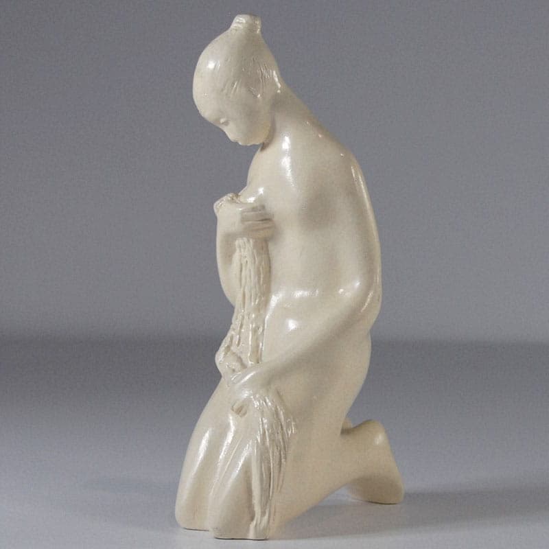 Figurine Seated Girl, white beige ceramic, by L. Vojířová, Czechoslovakia, 1970s. - 323839