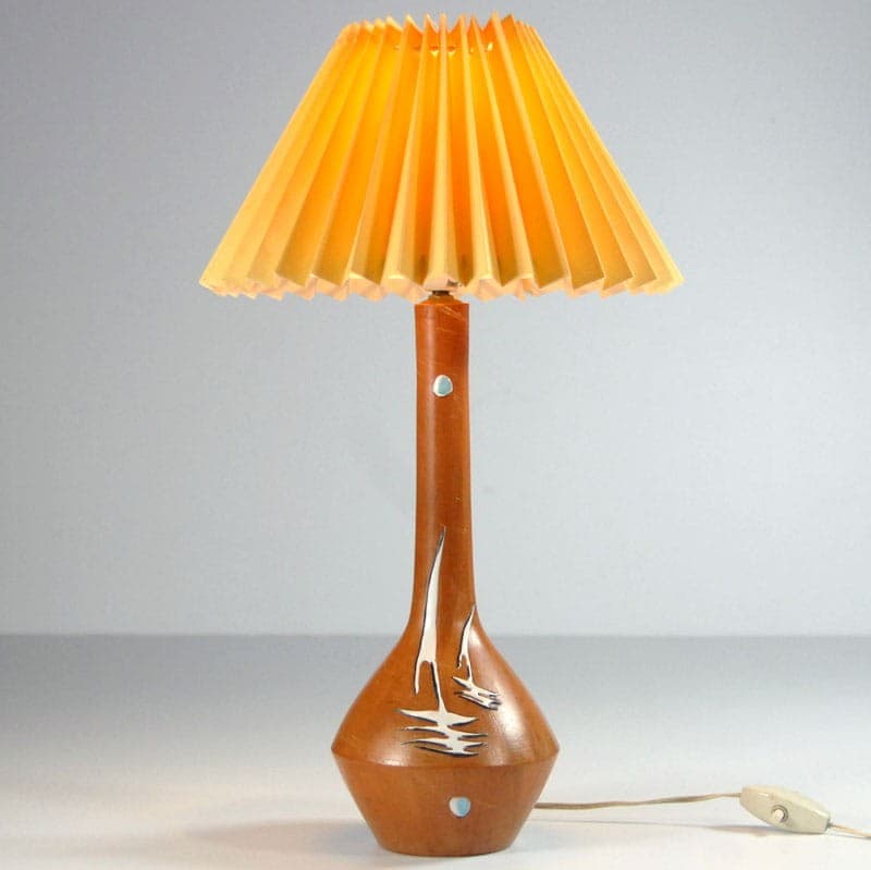 Lampa stołowa, brązowa ceramika, żółta tkanina, Włochy, lata 50. - 323816