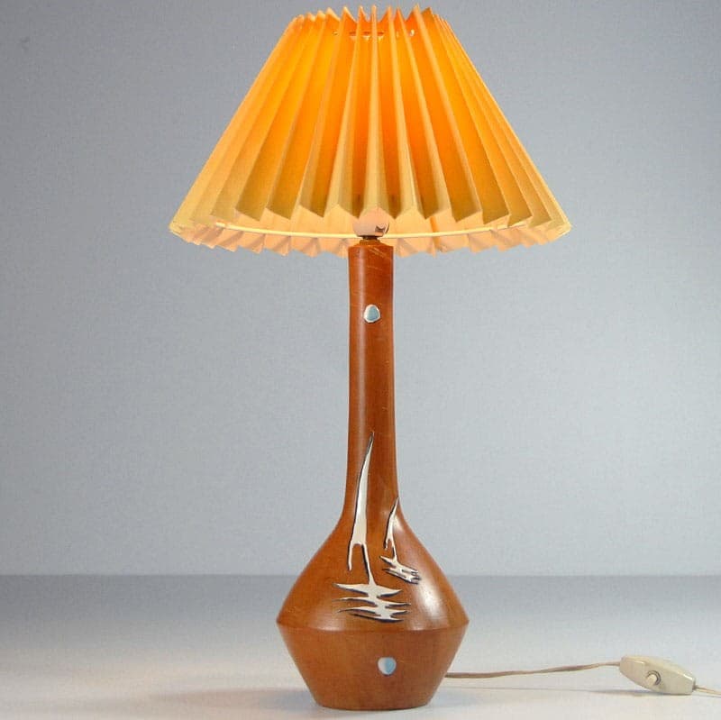 Lampa stołowa, brązowa ceramika, żółta tkanina, Włochy, lata 50. - 323815