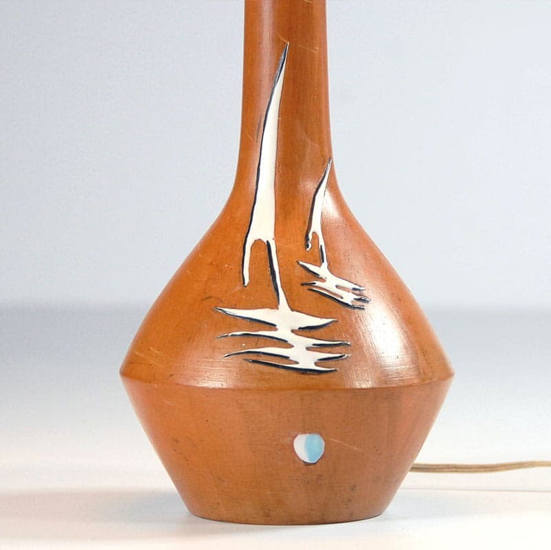 Lampa stołowa, brązowa ceramika, żółta tkanina, Włochy, lata 50. - 323818