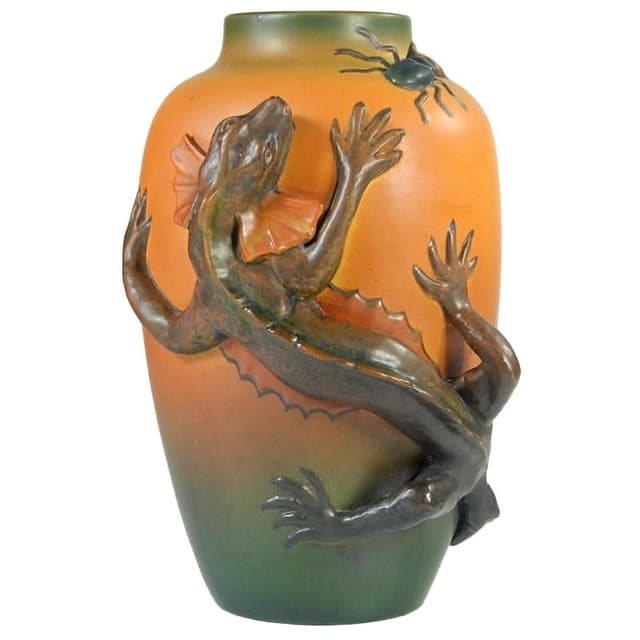 Art Nouveau vase, orange green ceramic, Ipsen, Denmark, 1920s. - DIMENSION