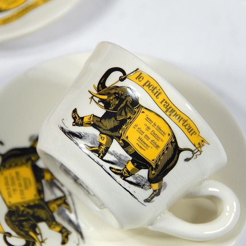 Coffee set TF1, white yellow black, faience, France, 1970s. - 323619